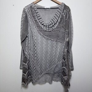 Simply Couture Women Lagenlook Tunic Top XL Gray Lace Patchwork Cowl Neck Grunge